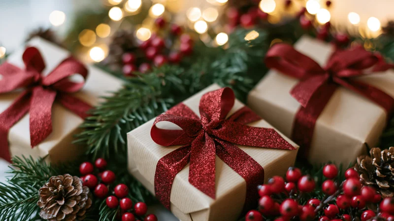 Gift boxes wrapped in kraft paper with red glitter ribbons among pine branches and berries, illuminated by warm bokeh lights