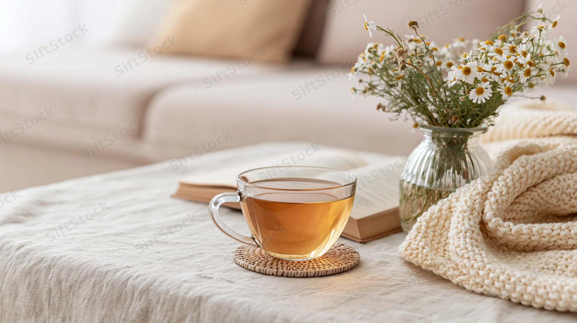 Glass cup of herbal tea on a woven coaster beside an open book on a table with flowers and blanket