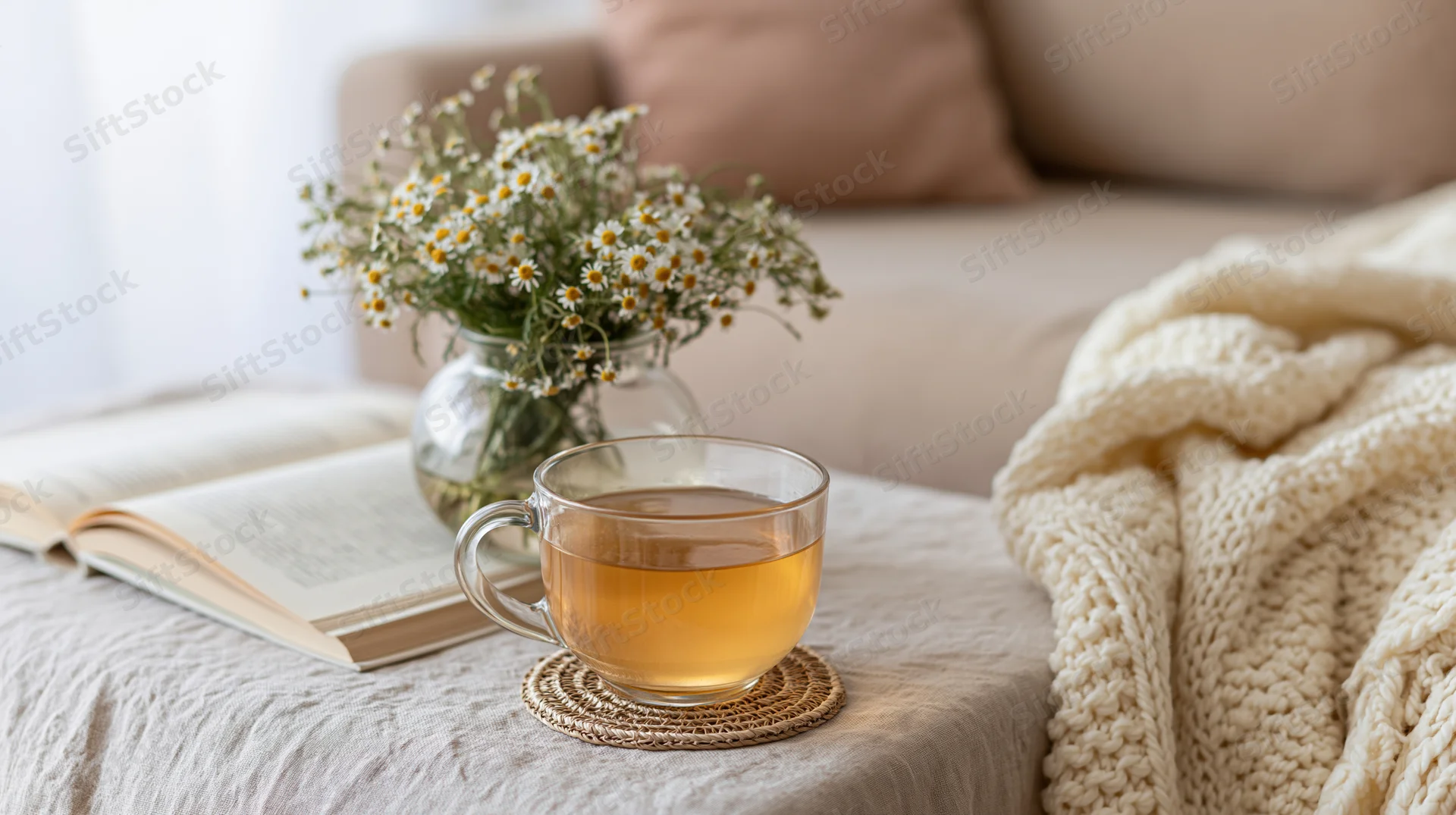 Glass cup of herbal tea on a woven coaster beside an open book on a sofa with a knitted blanket and flowers in a vase