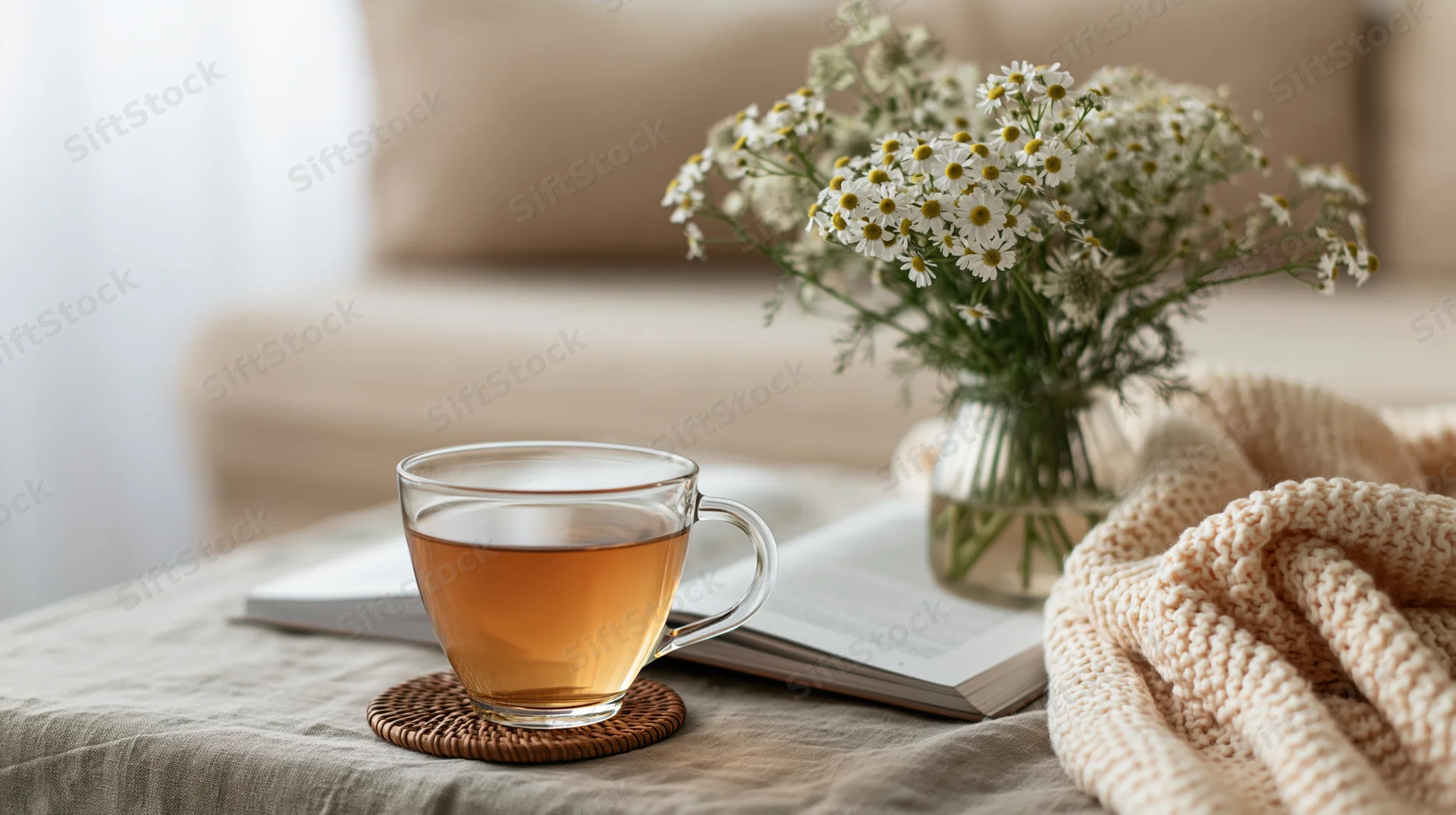 Glass cup of herbal tea on a woven coaster beside an open book on a table with flowers and a knit blanket