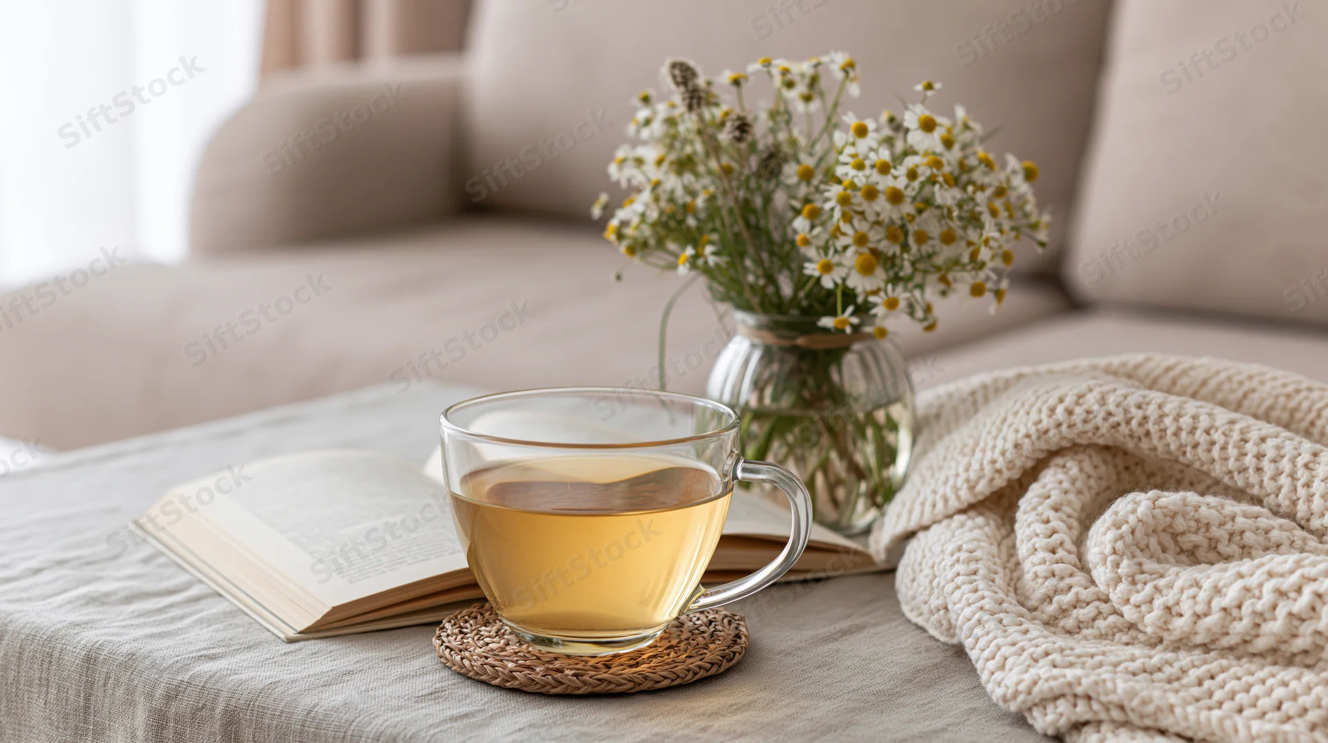 Glass cup of herbal tea on a woven coaster beside an open book on a table near a sofa with flowers and a knitted blanket