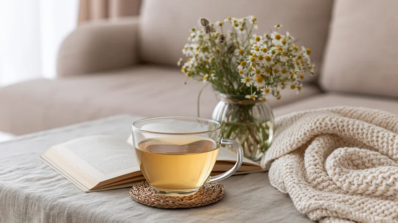Glass cup of herbal tea on a woven coaster beside an open book on a table near a sofa with flowers and a knitted blanket