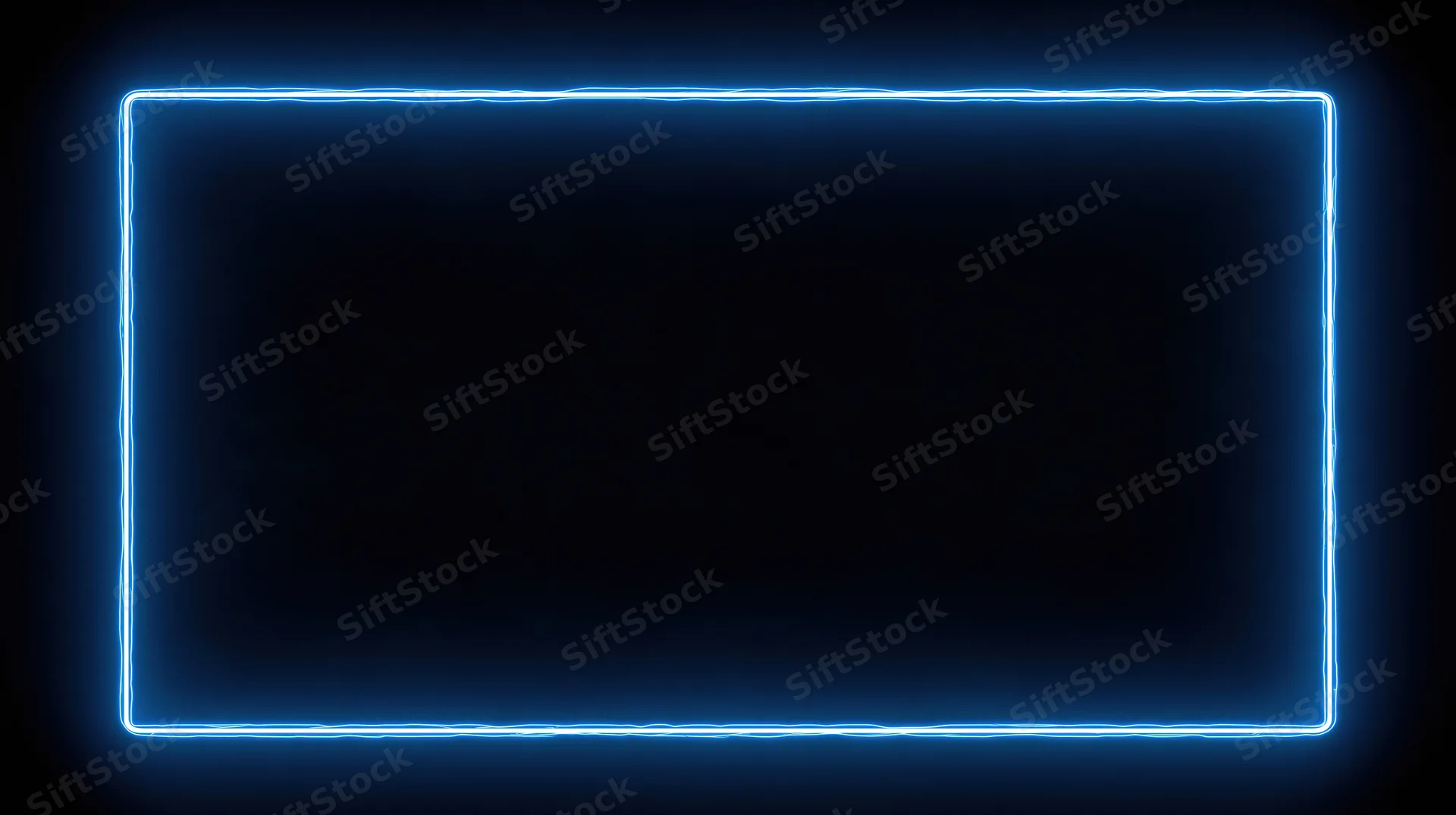 Glowing blue neon rectangle frame on dark background with copyspace