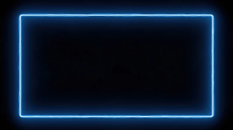 Glowing blue neon rectangle frame on dark background with copyspace