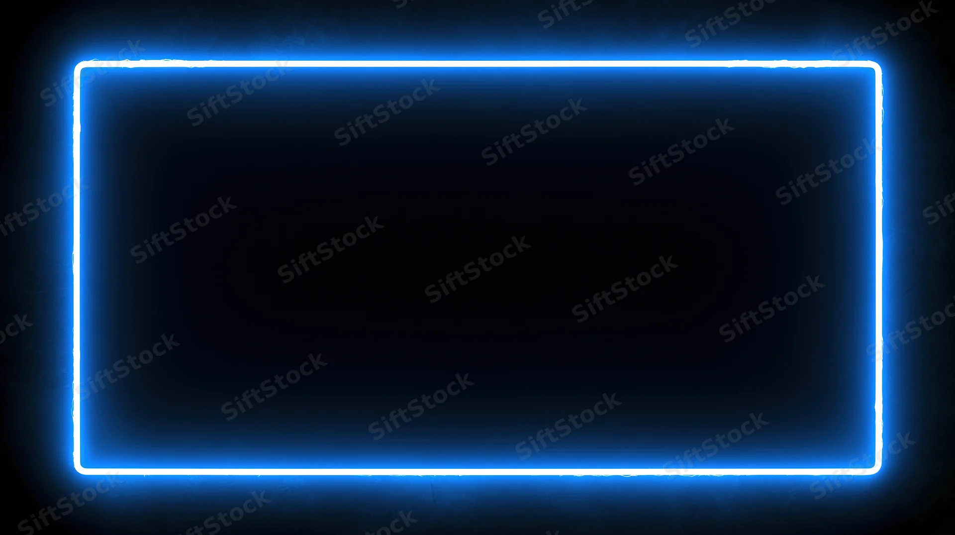Glowing blue neon rectangle frame on dark background with copyspace
