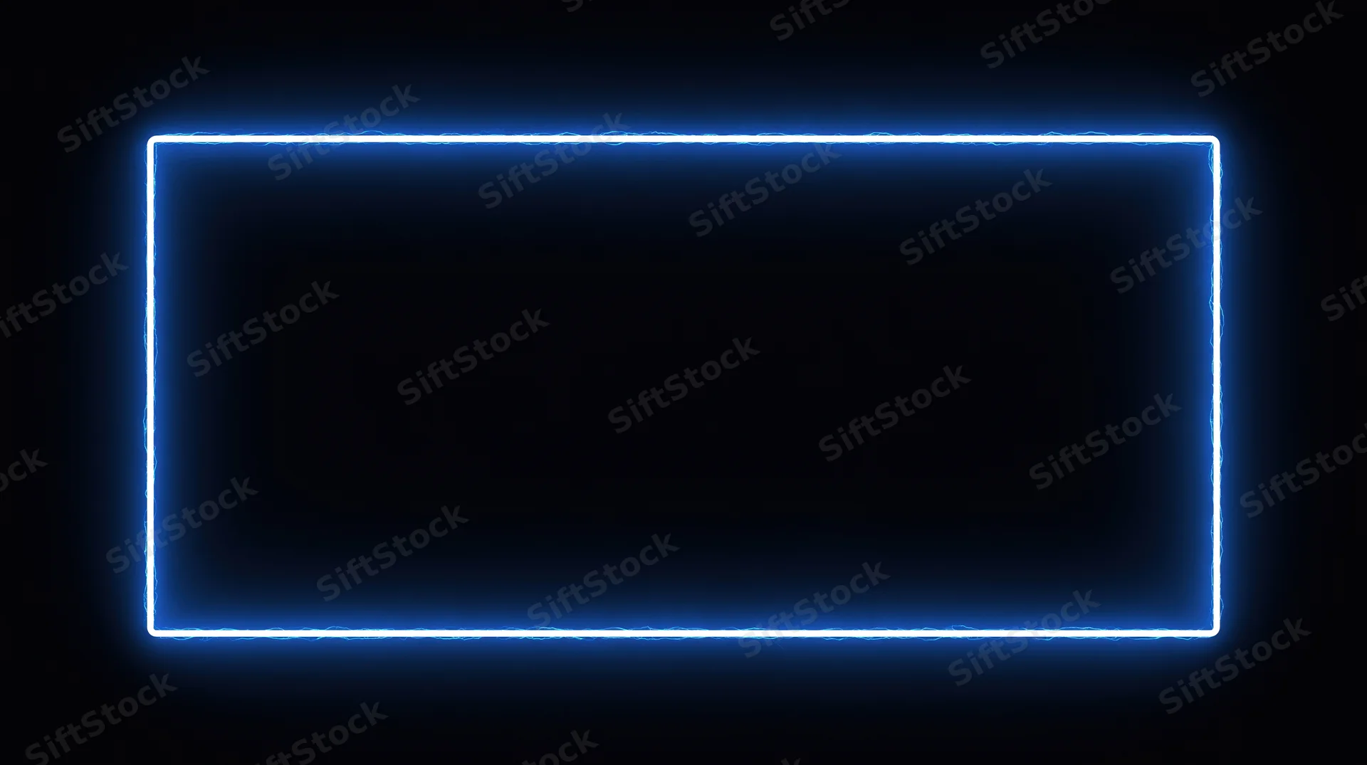 Glowing blue neon rectangle frame on black background with copyspace
