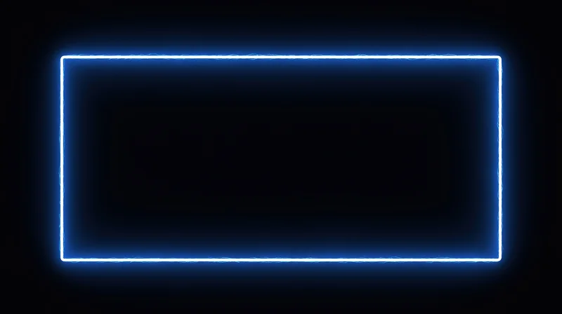 Glowing blue neon rectangle frame on black background with copyspace
