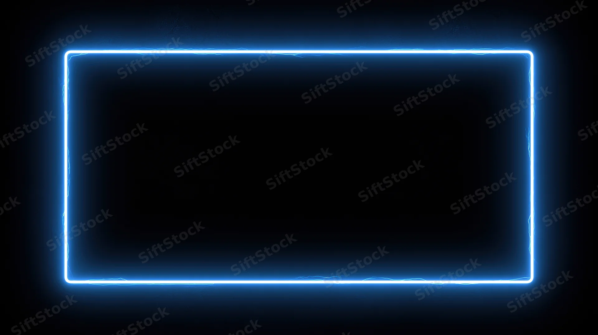 Glowing blue neon rectangle frame on dark background with copyspace
