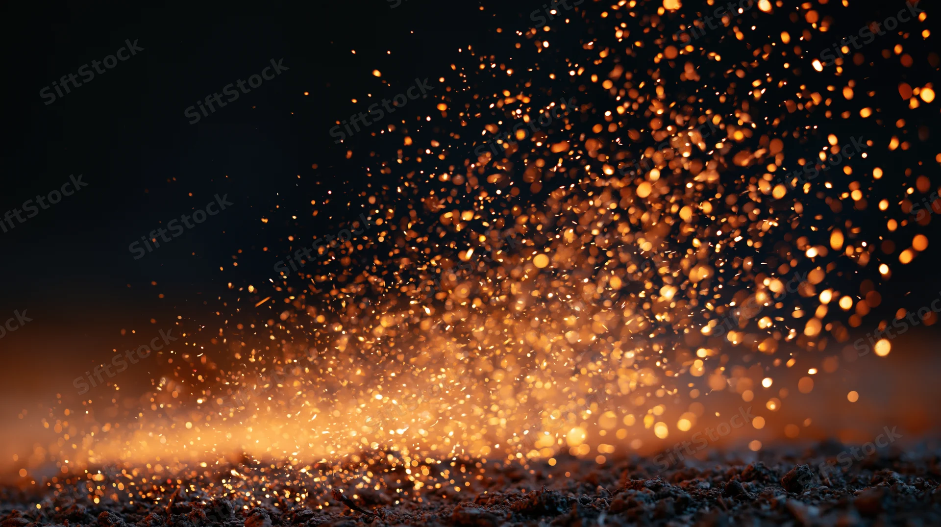 Glowing sparks rising from dark ground at night