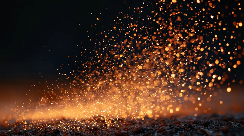 Glowing sparks rising from dark ground at night