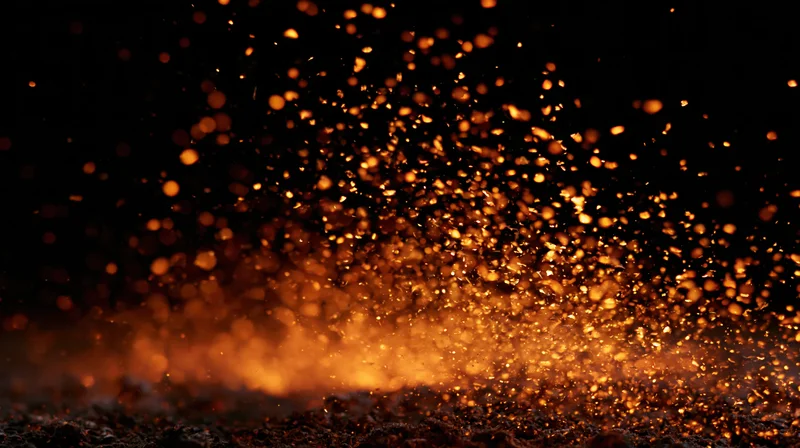 Glowing orange sparks rising from a dark surface against a black background