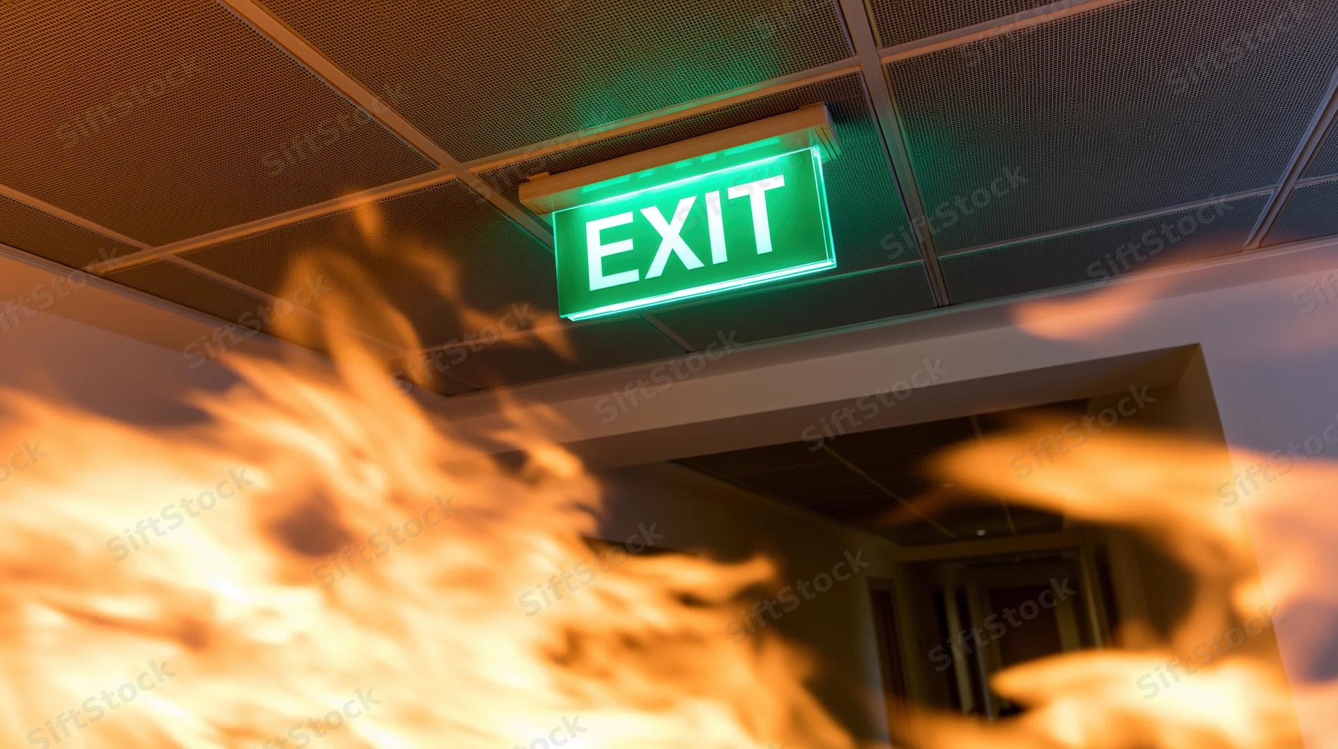 Glowing green exit sign above a burning corridor in a commercial building