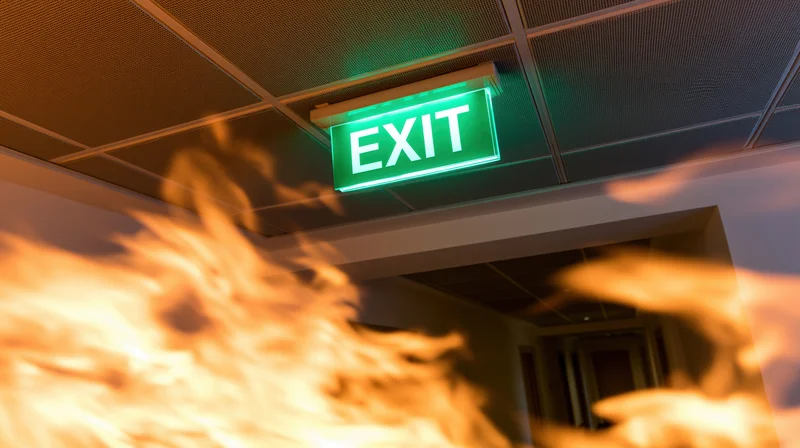 Glowing green exit sign above a burning corridor in a commercial building