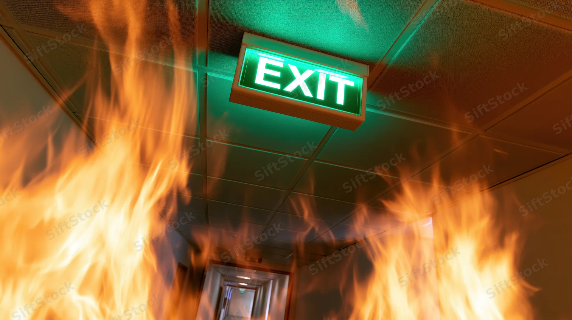 Flames engulfing a hallway with a glowing green exit sign on the ceiling
