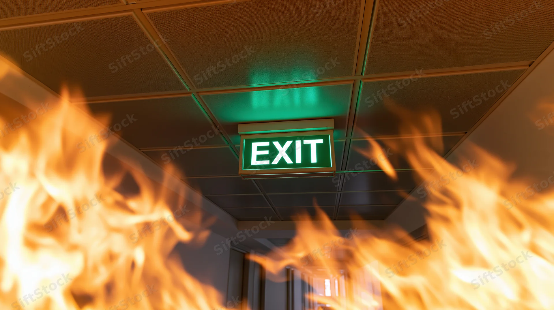 Glowing green exit sign on ceiling above flames in commercial building hallway
