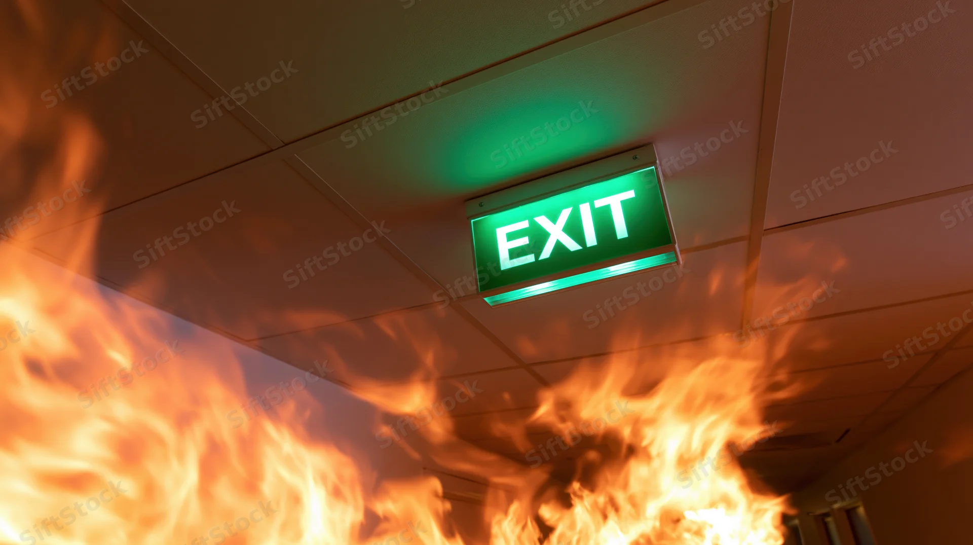 Glowing green exit sign mounted on ceiling above flames in commercial building interior