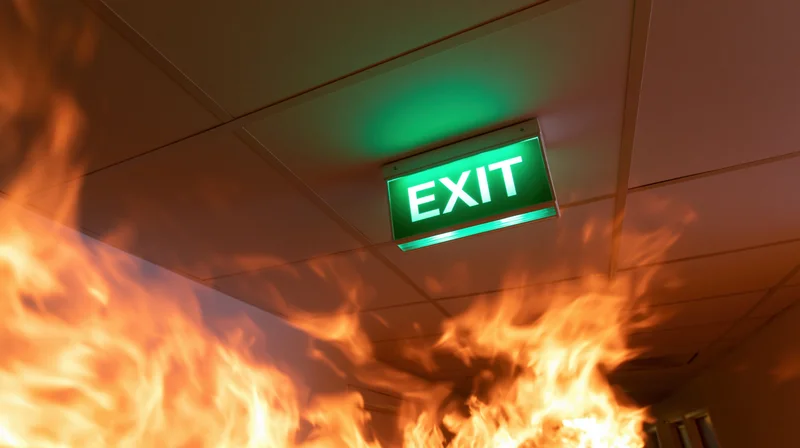 Glowing green exit sign mounted on ceiling above flames in commercial building interior