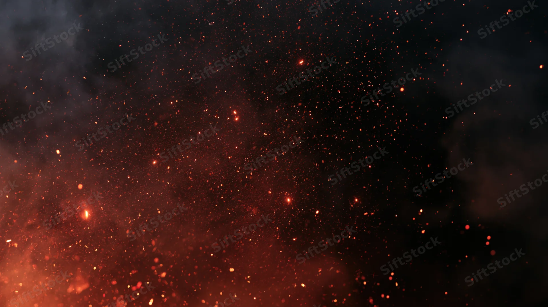 Glowing orange-red sparks and embers floating upward in dark smoke at night