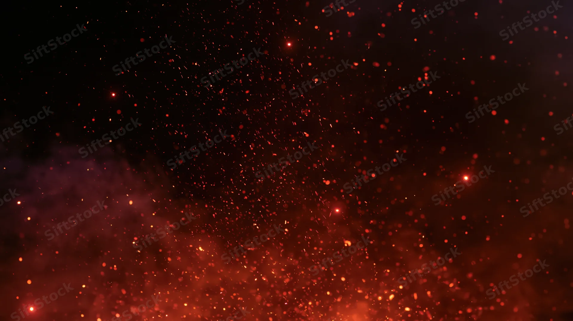 Glowing orange-red embers and fire sparks floating upward against a dark background