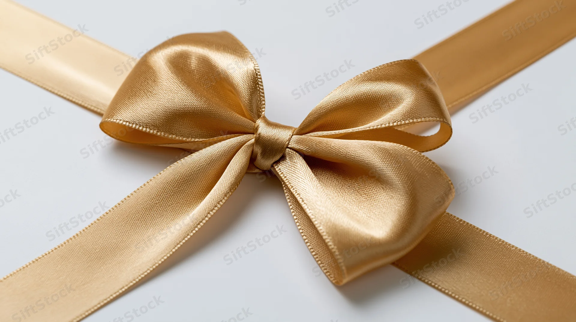 Gold satin ribbon tied in a decorative bow on a white surface