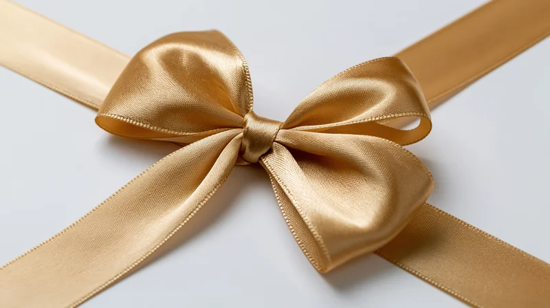 Gold satin ribbon tied in a decorative bow on a white surface