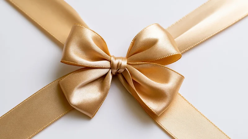 Gold satin ribbon tied in a decorative bow centered on a diagonal white surface