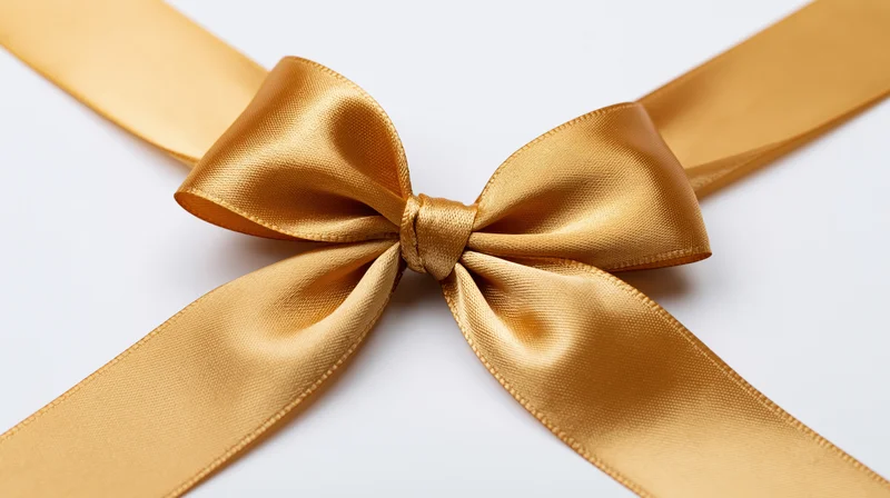 Gold satin ribbon tied in a decorative bow centered on a diagonal white background