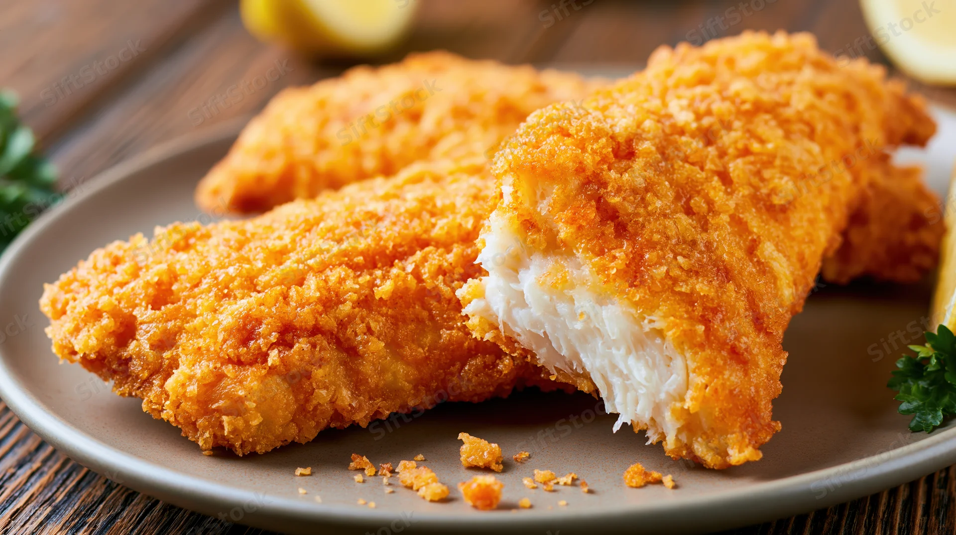 Golden-battered fried fish fillets on a matte ceramic plate with lemon and parsley garnish