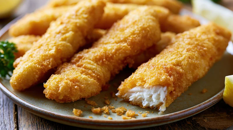 Golden-battered fried fish fillets on a matte ceramic plate with lemon and parsley garnish