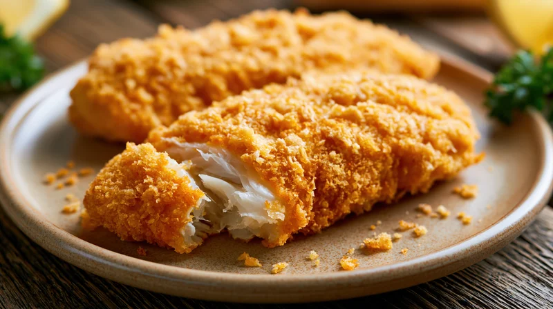 Golden-battered fried fish fillets on a matte ceramic plate with lemon and parsley garnish