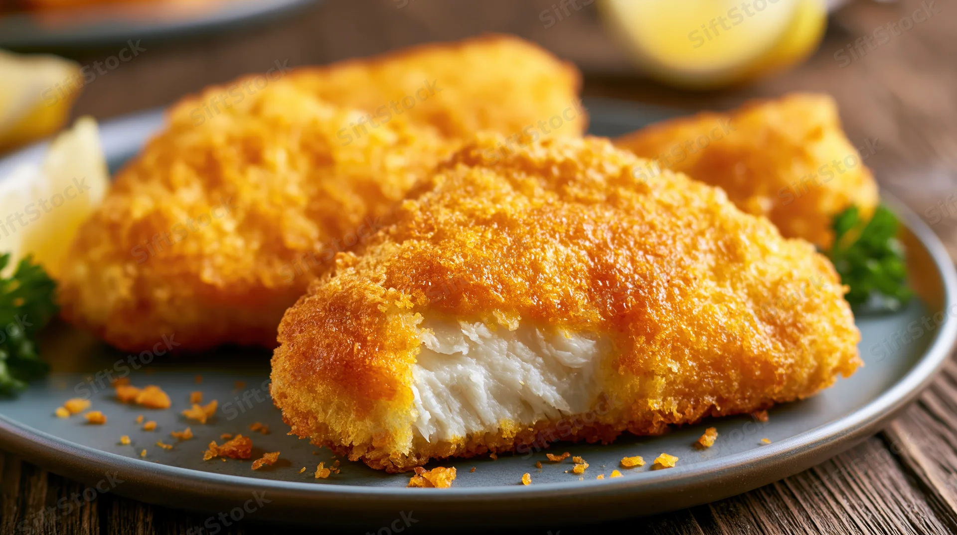 Golden-battered fried fish fillets on a matte ceramic plate with lemon and parsley