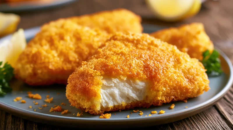 Golden-battered fried fish fillets on a matte ceramic plate with lemon and parsley