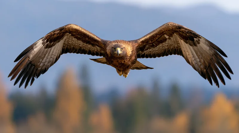 Golden eagle in flight with wings fully spread over forested mountainscape