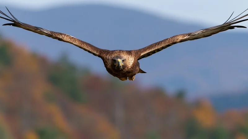 Golden eagle diving with wings fully spread over autumn forest and mountains