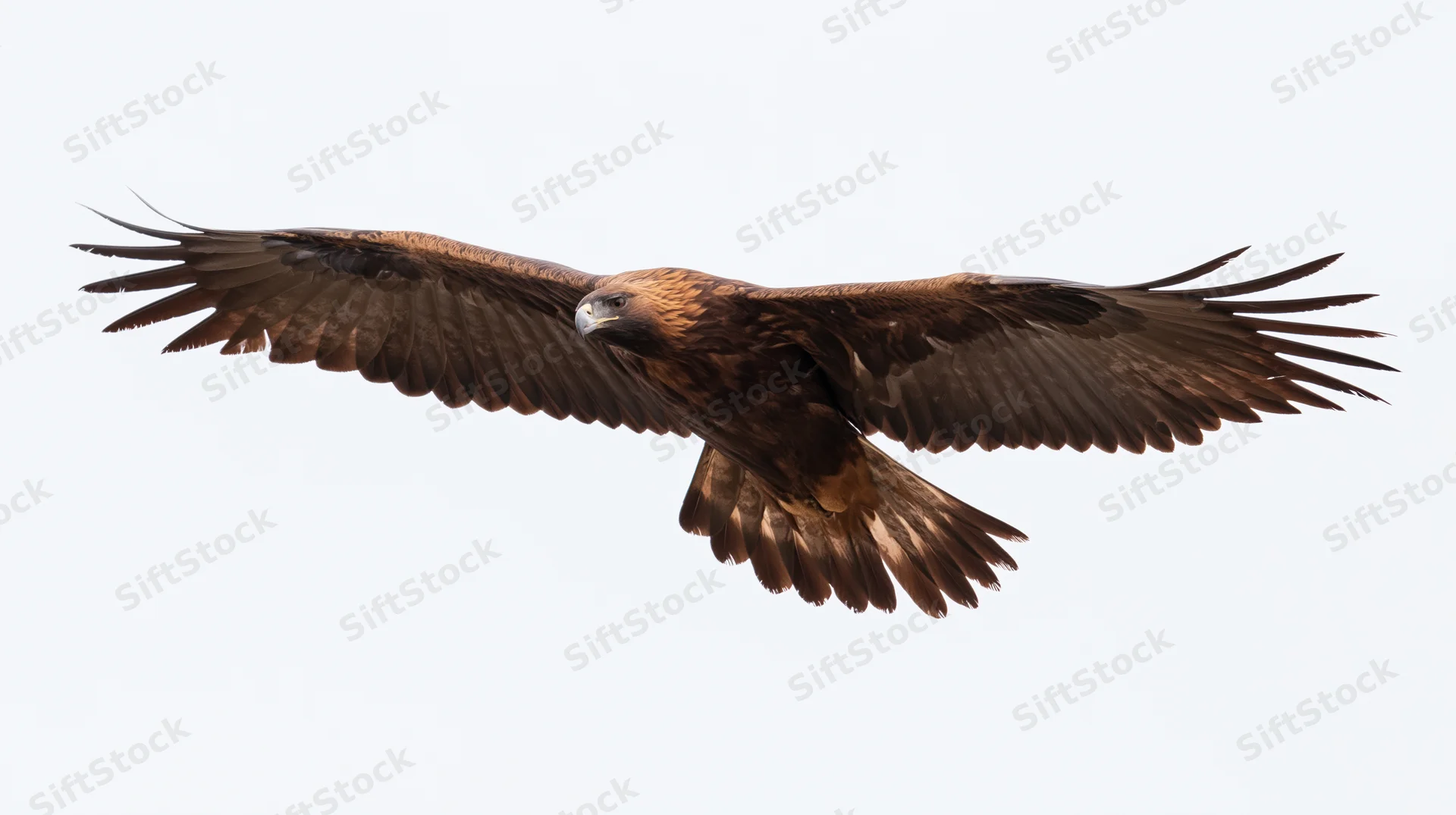 Golden eagle soaring with wings fully spread against a plain sky background