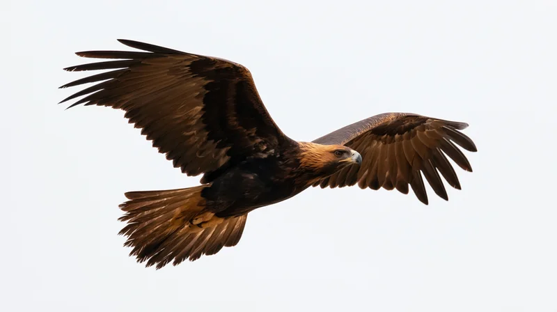 Golden eagle soaring with wings fully spread against a clear sky