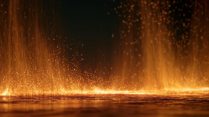 Golden sparks rising from a glowing surface with reflections on water