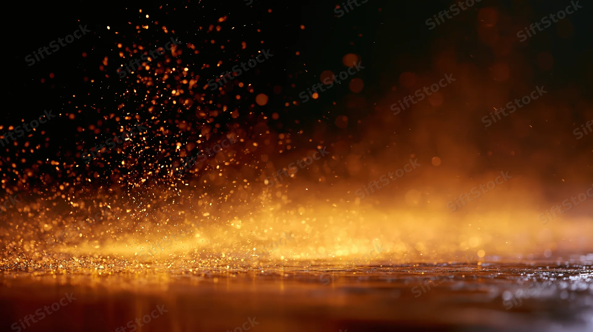 Golden sparks rising from a glowing surface against a dark background