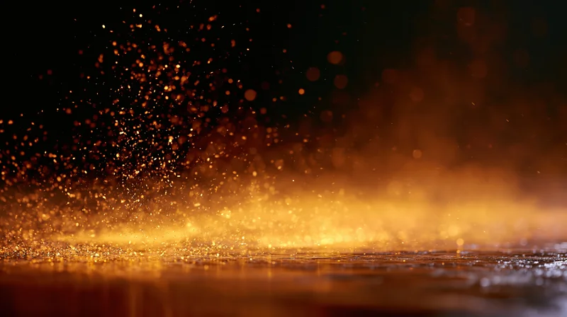 Golden sparks rising from a glowing surface against a dark background