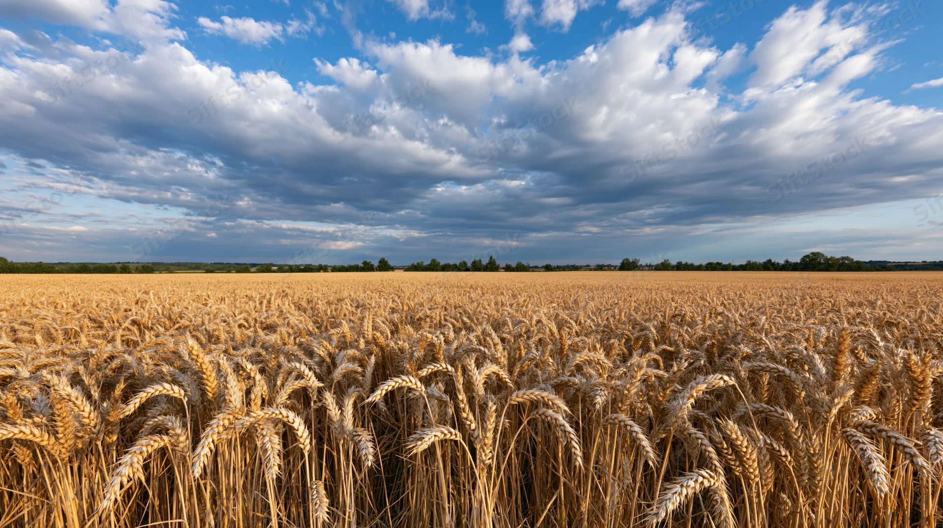 Golden wheat field stretching to the horizon under a cloudy blue sky