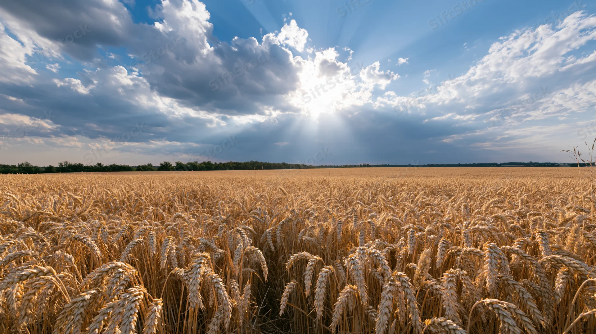 Golden wheat field stretching to the horizon under a bright sun with clouds and rays