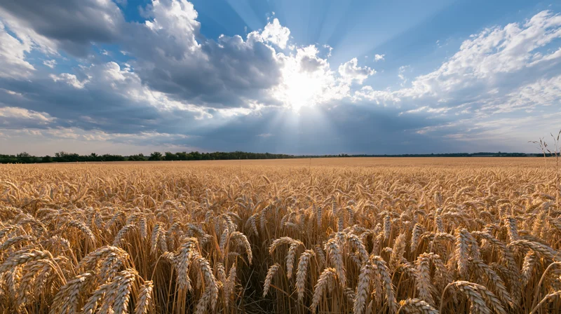 Golden wheat field stretching to the horizon under a bright sun with clouds and rays