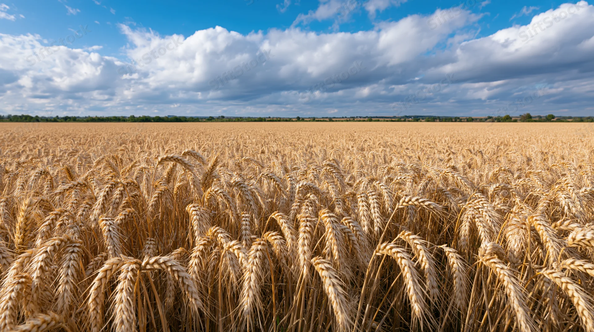 Golden wheat stalks ripening in a vast field under a blue sky with clouds