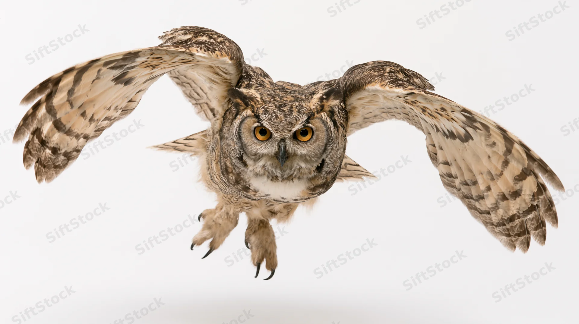 Great horned owl in mid-flight with wings fully spread and talons extended against white background