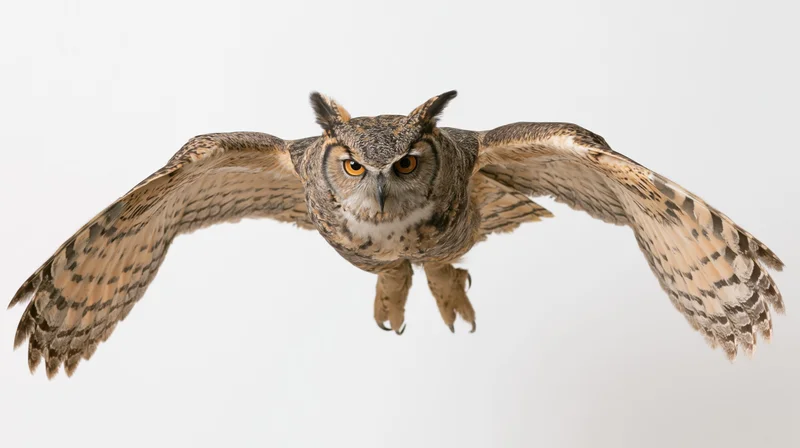 Great horned owl in midflight with wings fully spread and talons extended against white background