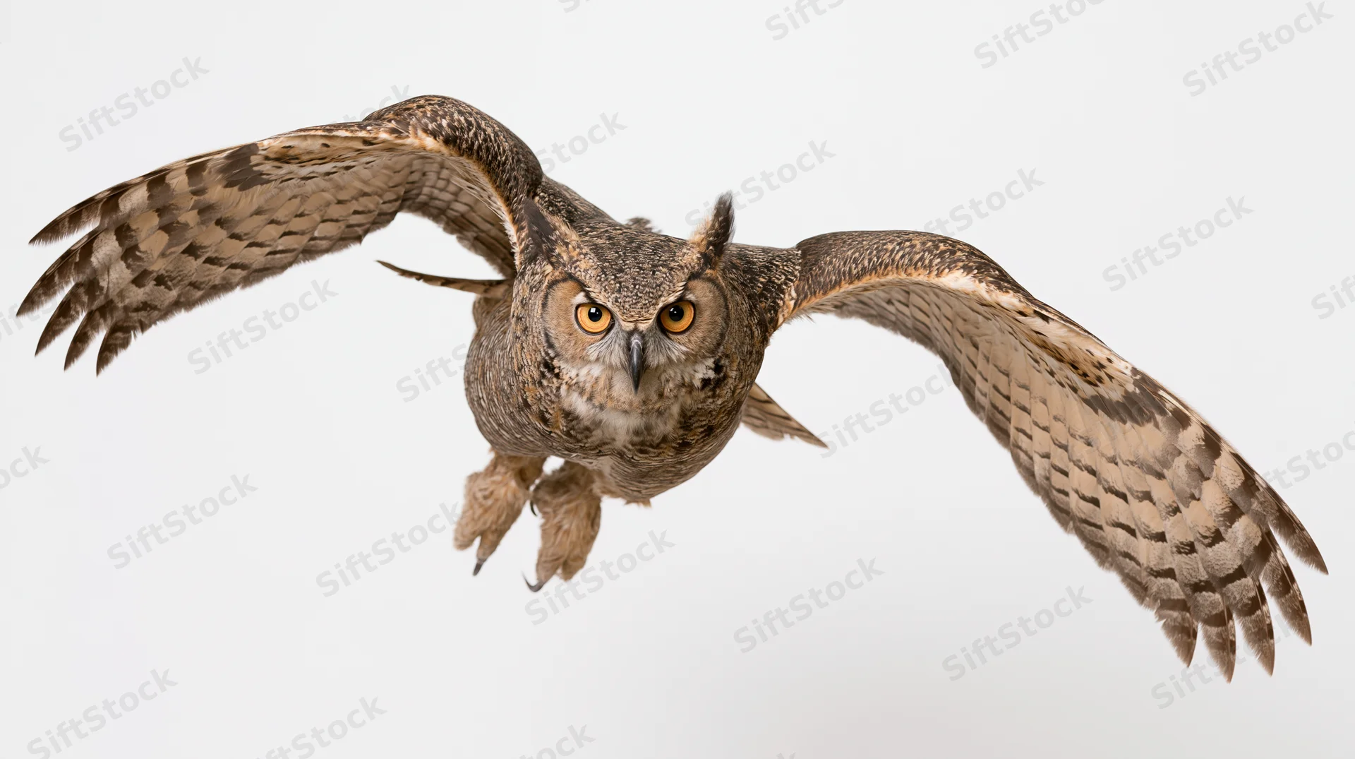 Great horned owl in mid-flight with wings fully spread and talons extended against white background