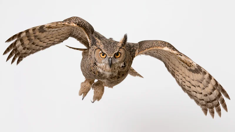 Great horned owl in mid-flight with wings fully spread and talons extended against white background