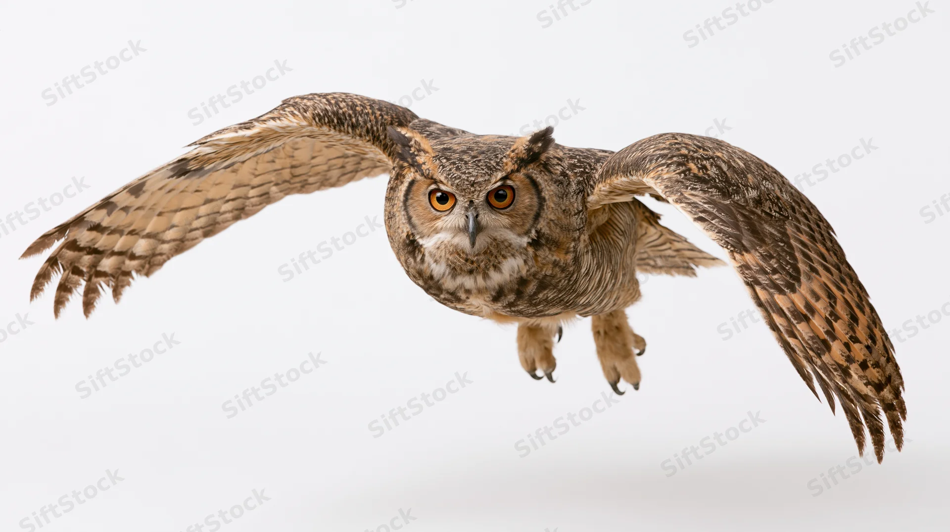 Great horned owl in mid-flight with wings fully spread and talons extended against white background