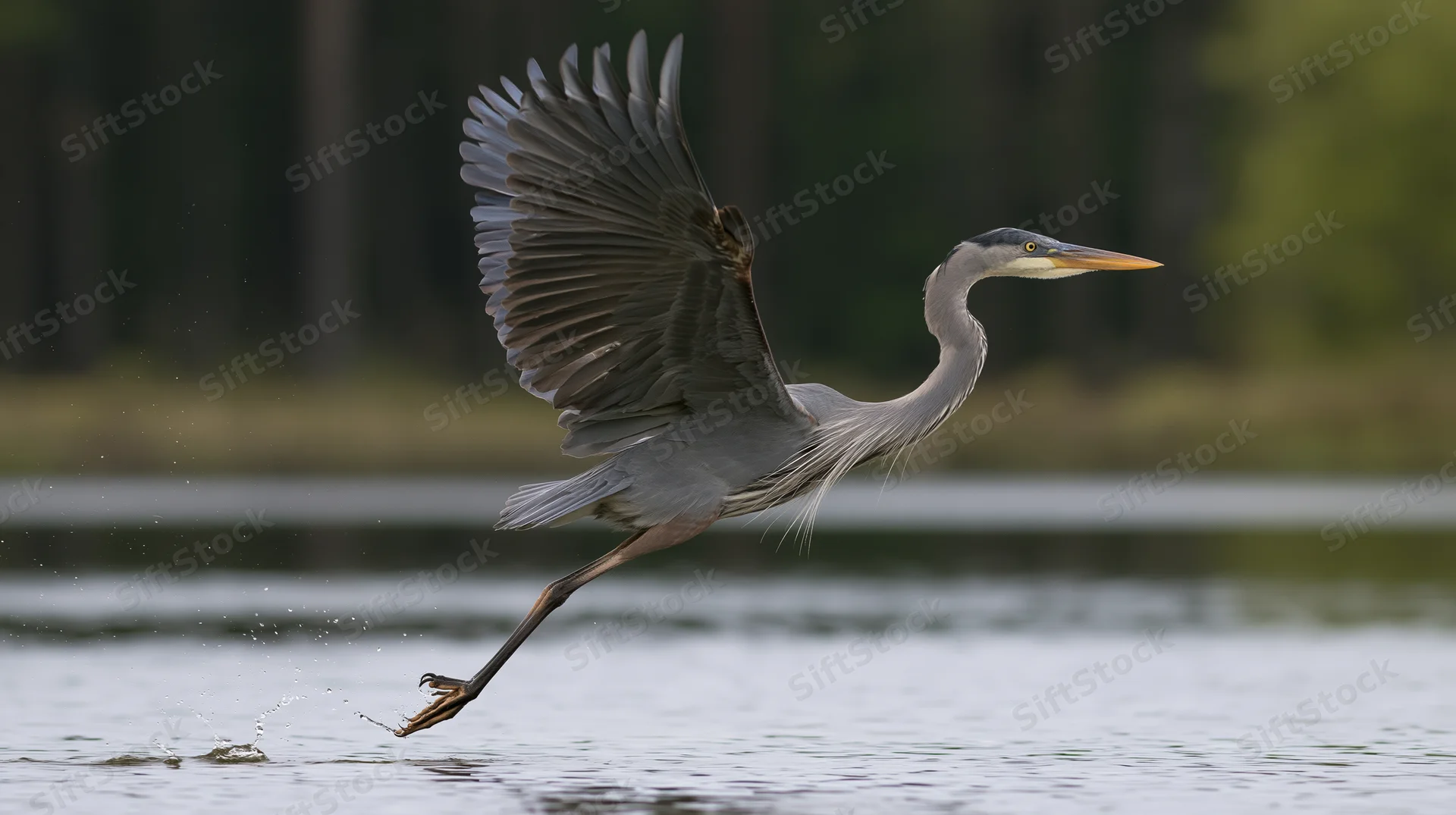 Great blue heron taking off from shallow water with wings spread