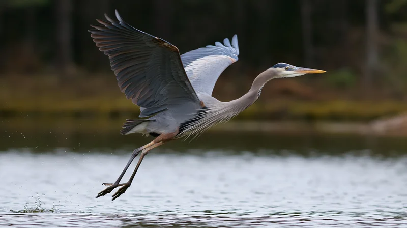 Great blue heron taking off from shallow water with wings spread and legs trailing